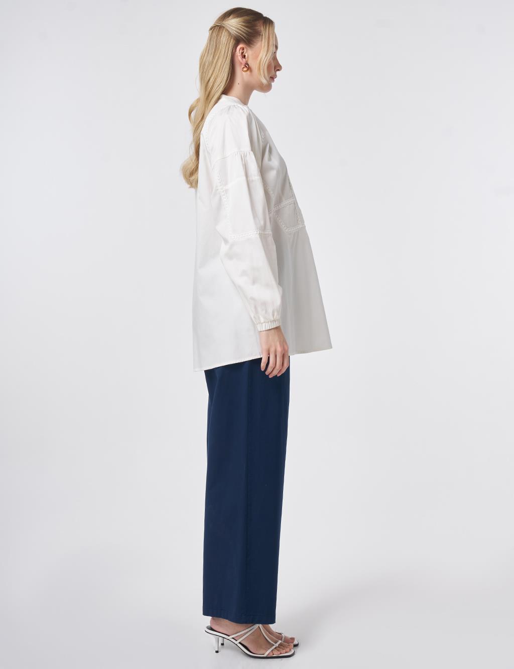 %100 Pamuklu Şerit Fistolu Tunik Ekru 