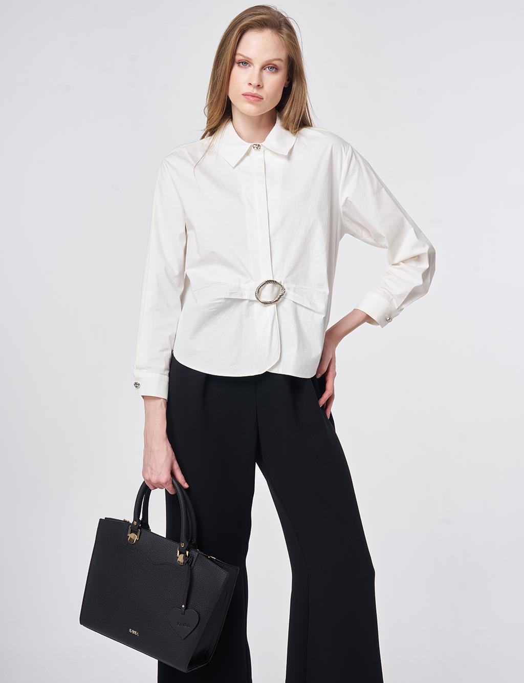 Toka Detaylı Pamuklu Bluz Ekru 