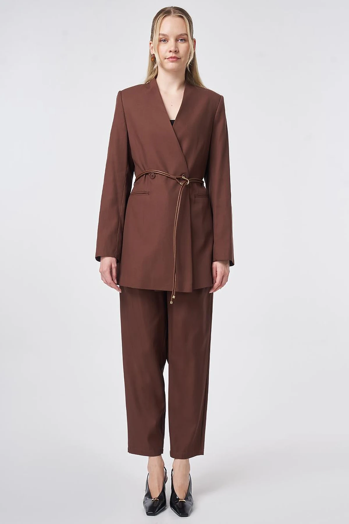 Rope Belt Detail Cotton-Lyocell Two-Piece Set – Chocolate