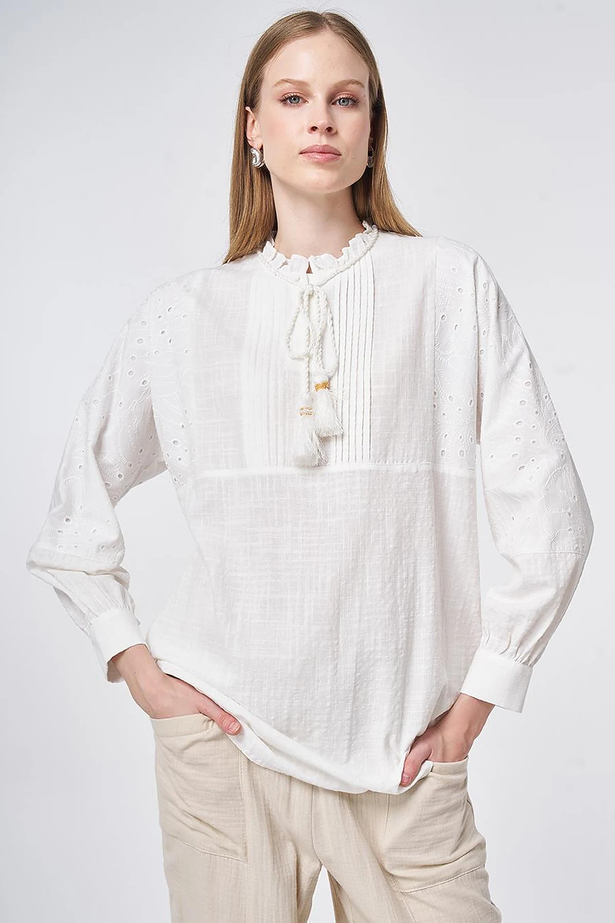 Ribbed Seam Cotton Blouse Off-White