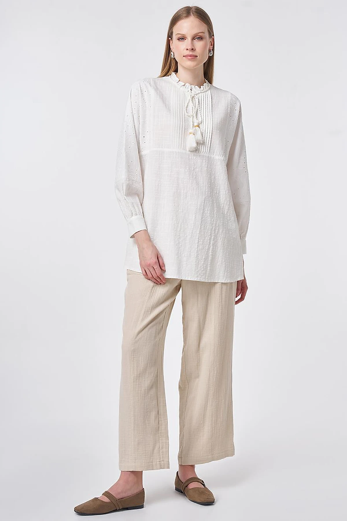 Ribbed Seam Cotton Blouse Off-White