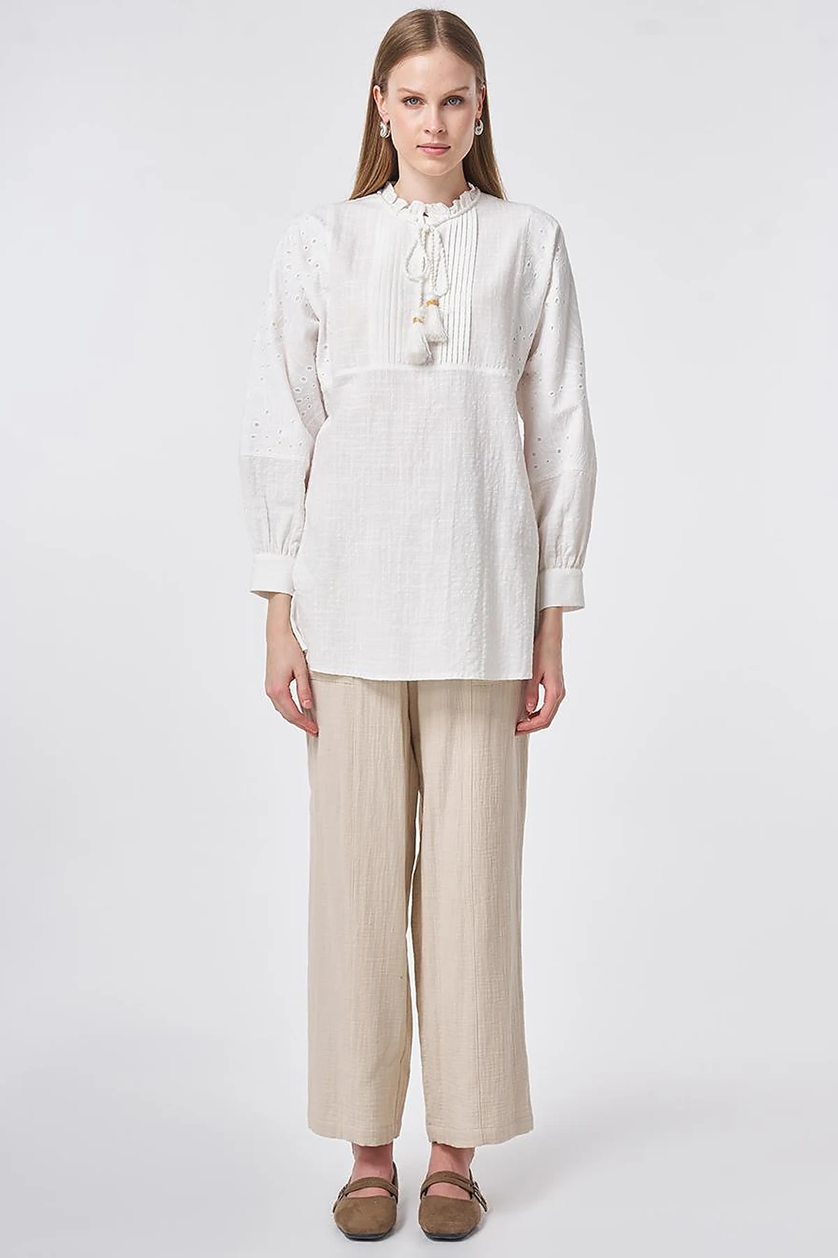 Ribbed Seam Cotton Blouse Off-White