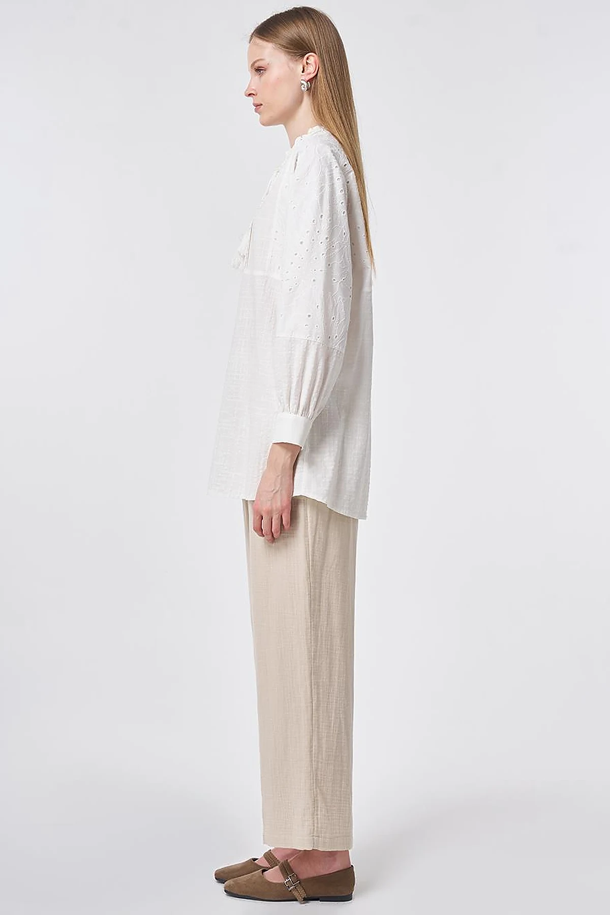 Ribbed Seam Cotton Blouse Off-White