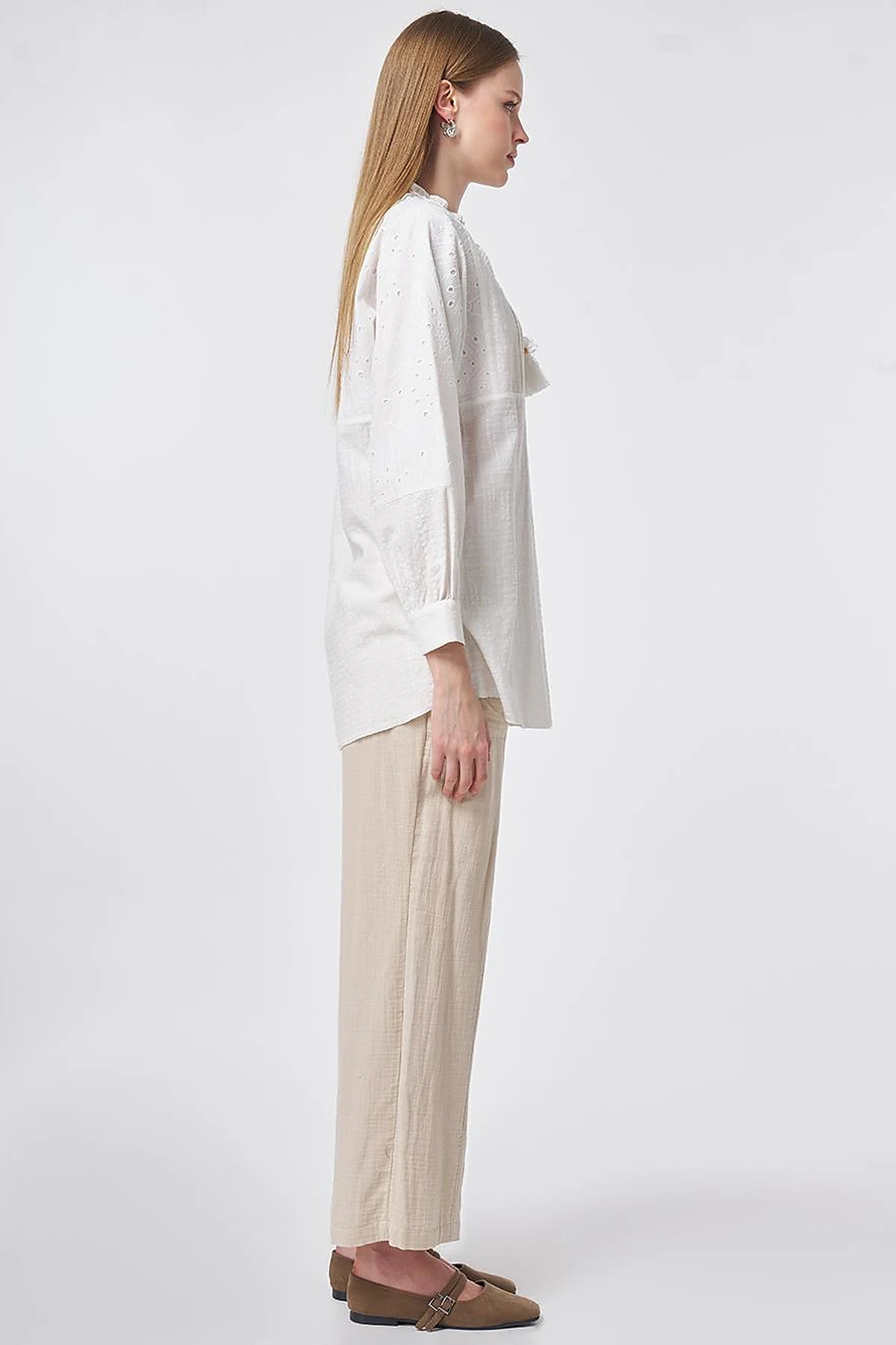 Ribbed Seam Cotton Blouse Off-White