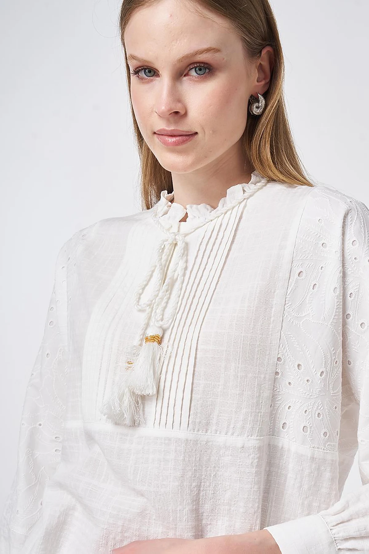 Ribbed Seam Cotton Blouse Off-White