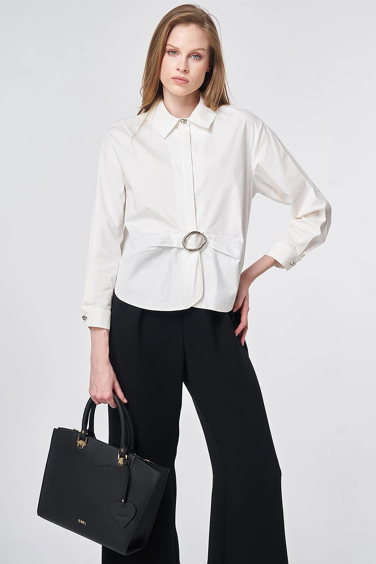 Cotton Blouse with Buckle Detail Ecru
