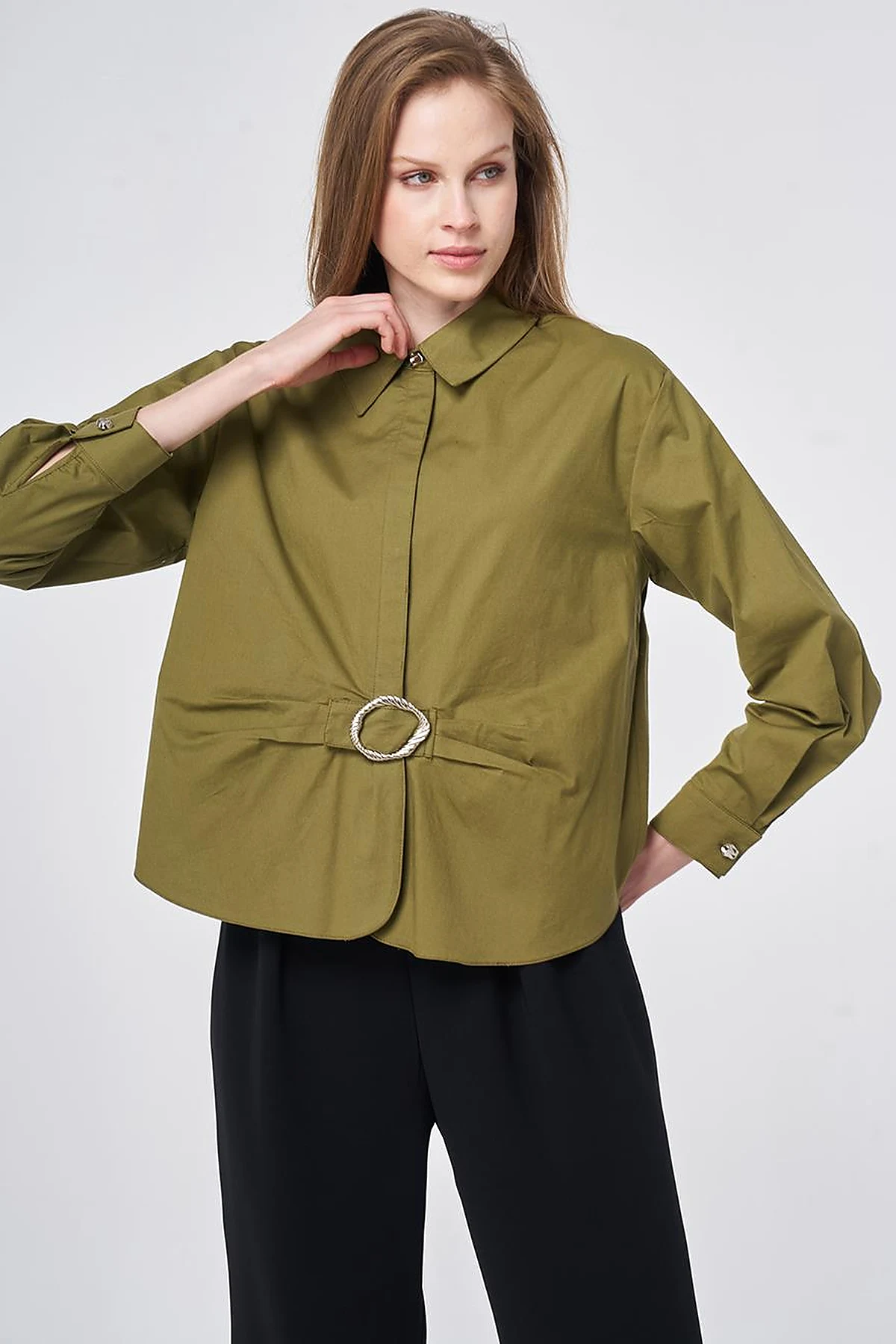Cotton Blouse with Buckle Detail Khaki