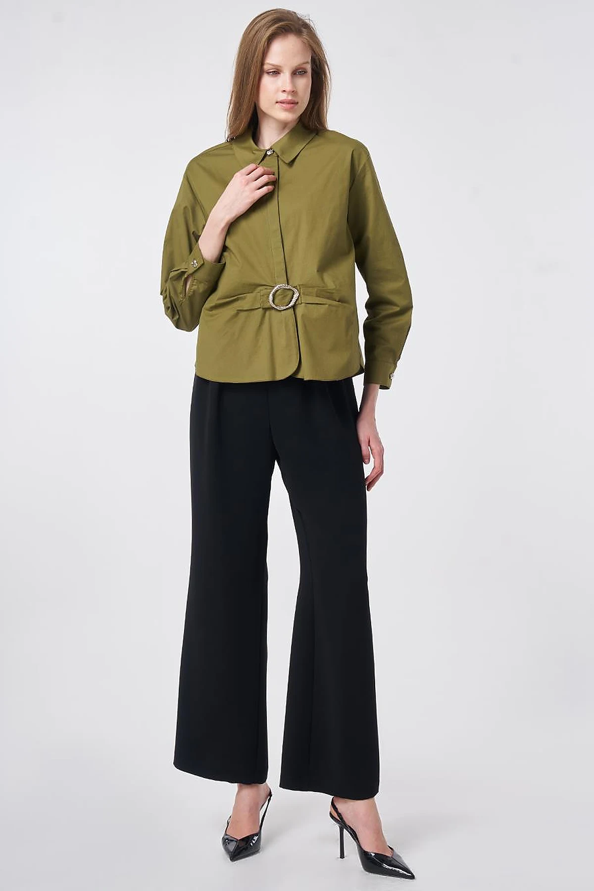 Cotton Blouse with Buckle Detail Khaki