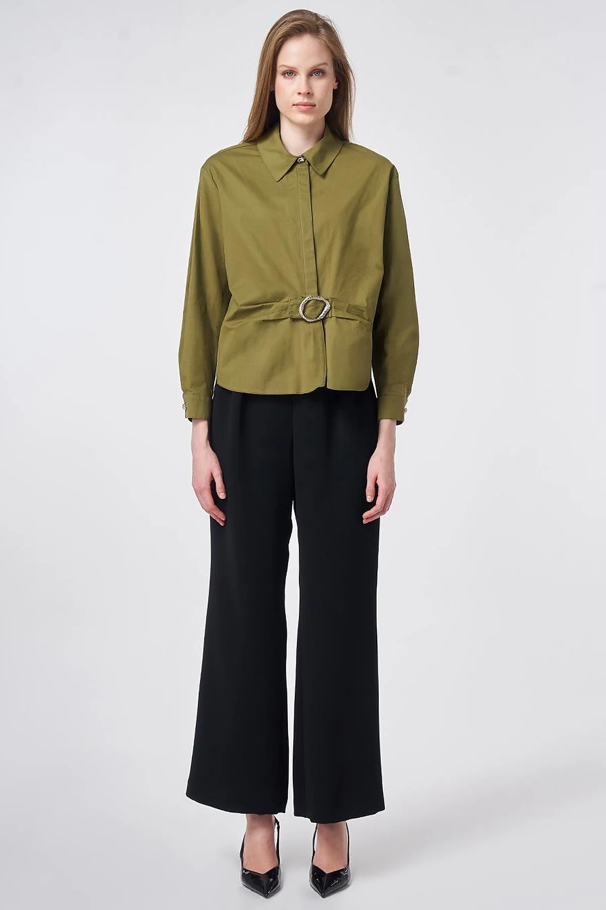Cotton Blouse with Buckle Detail Khaki