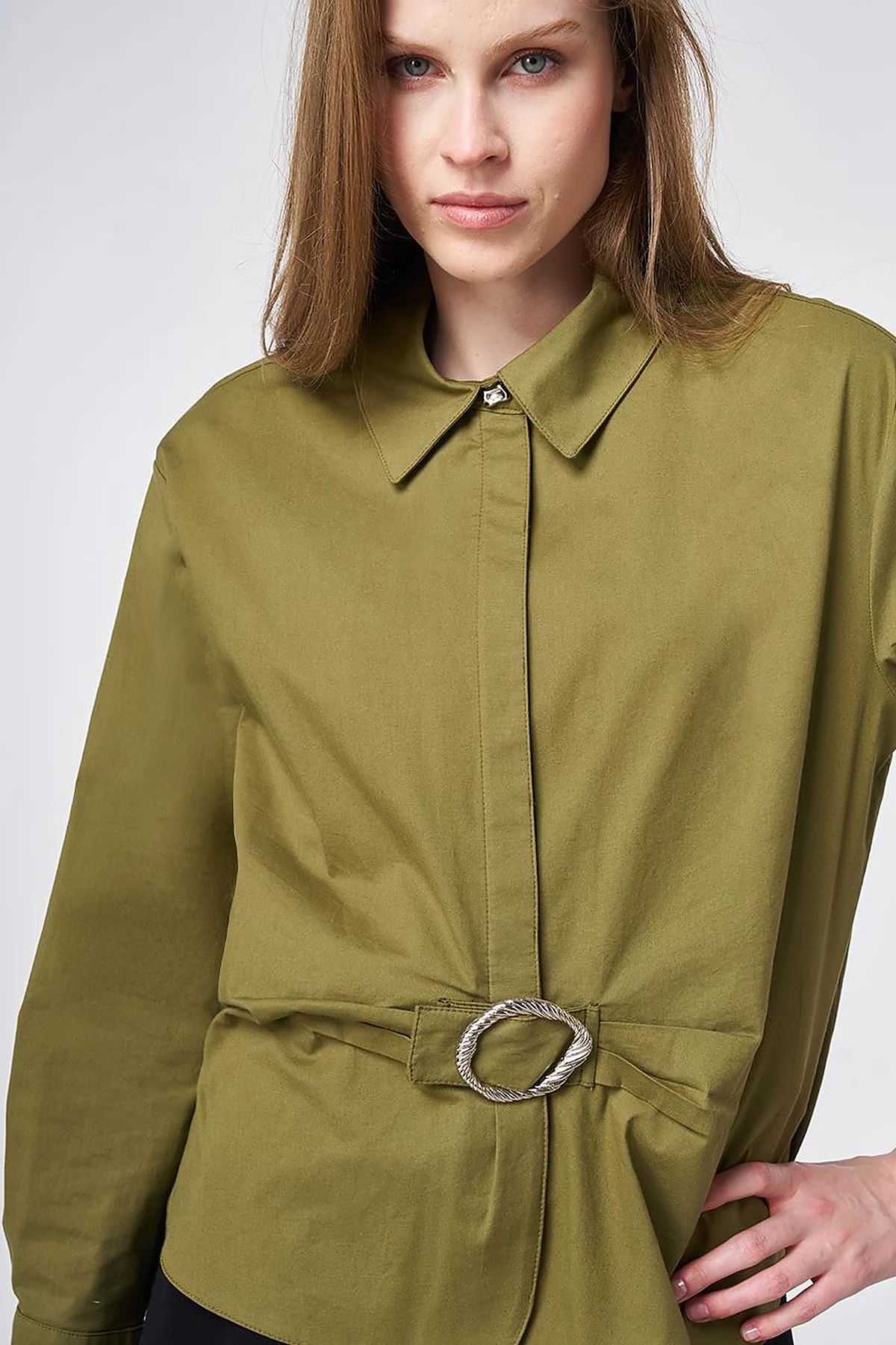 Cotton Blouse with Buckle Detail Khaki