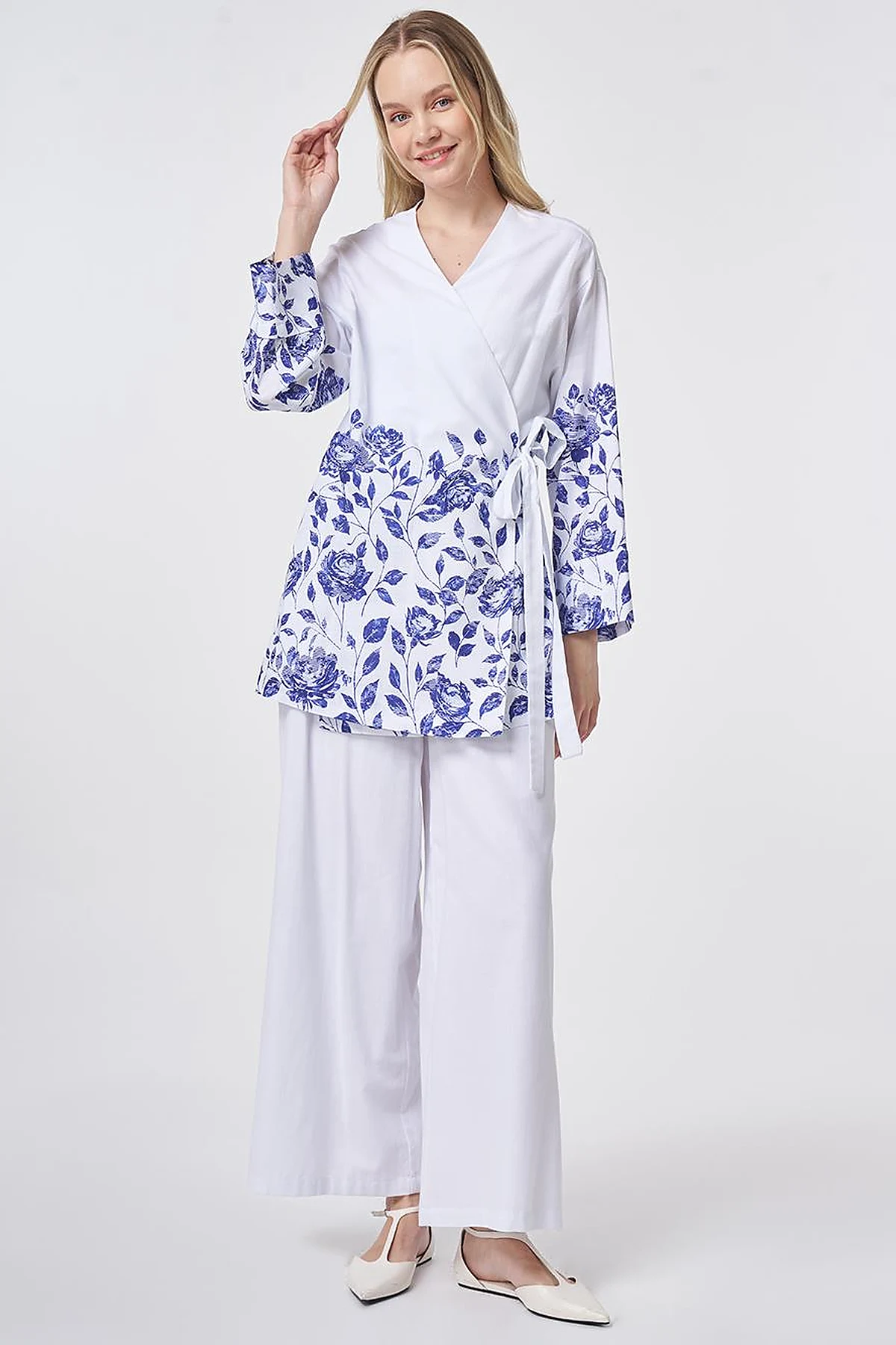 100% Cotton Double-Breasted Tie-Waist Two-Piece Set Optical White