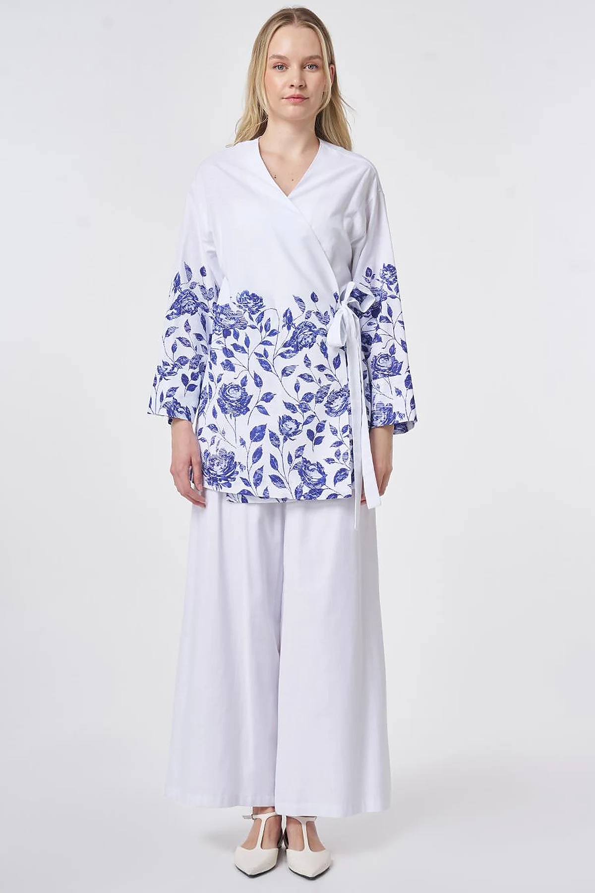 100% Cotton Double-Breasted Tie-Waist Two-Piece Set Optical White