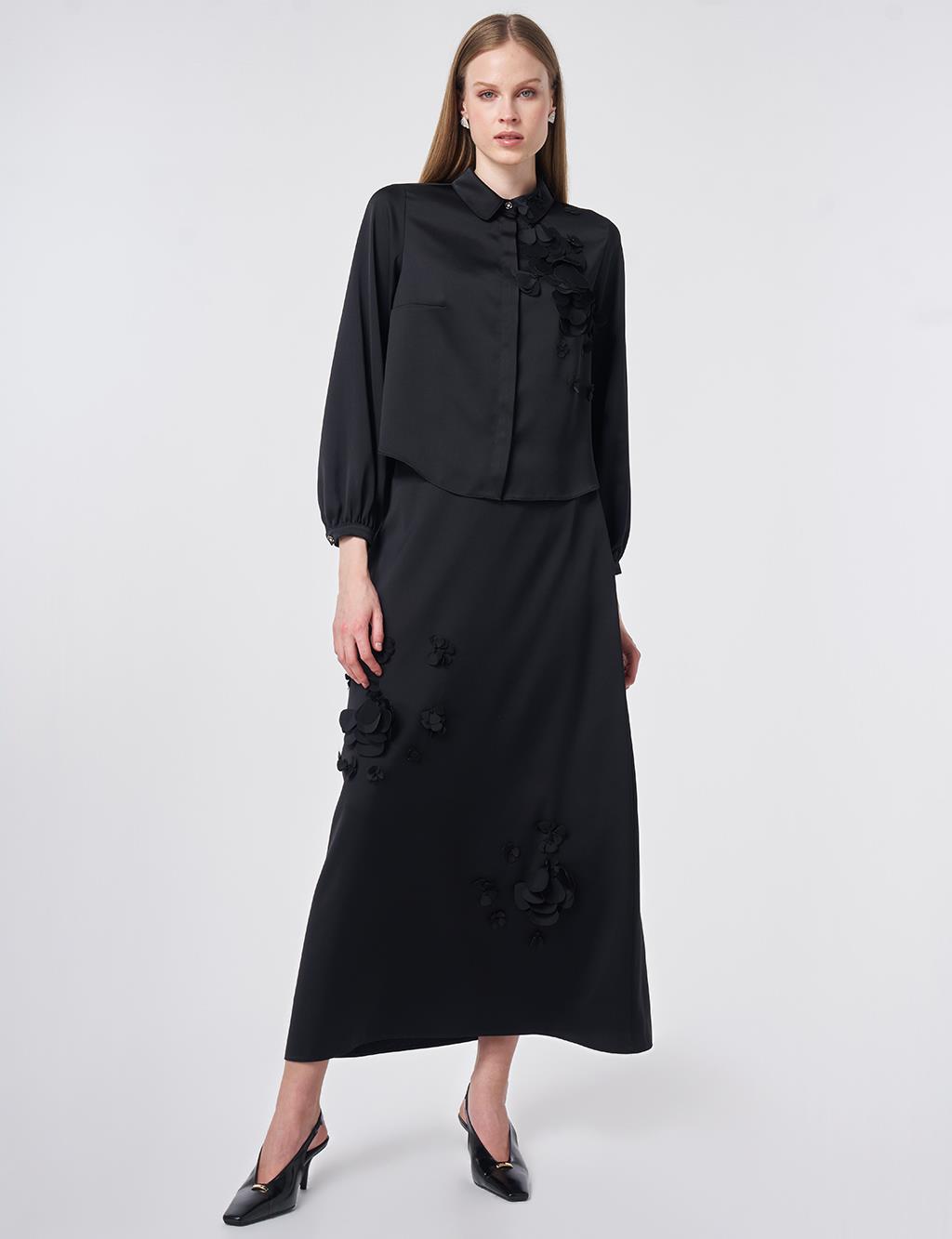 Floral Appliqué Satin Two-Piece Set Black