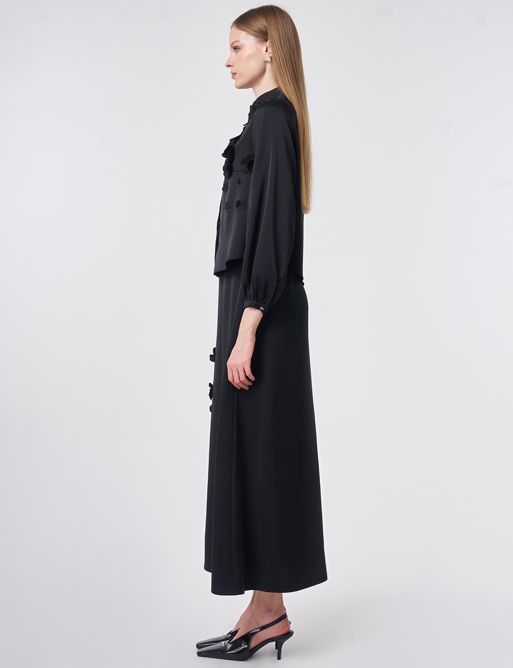 Floral Appliqué Satin Two-Piece Set Black