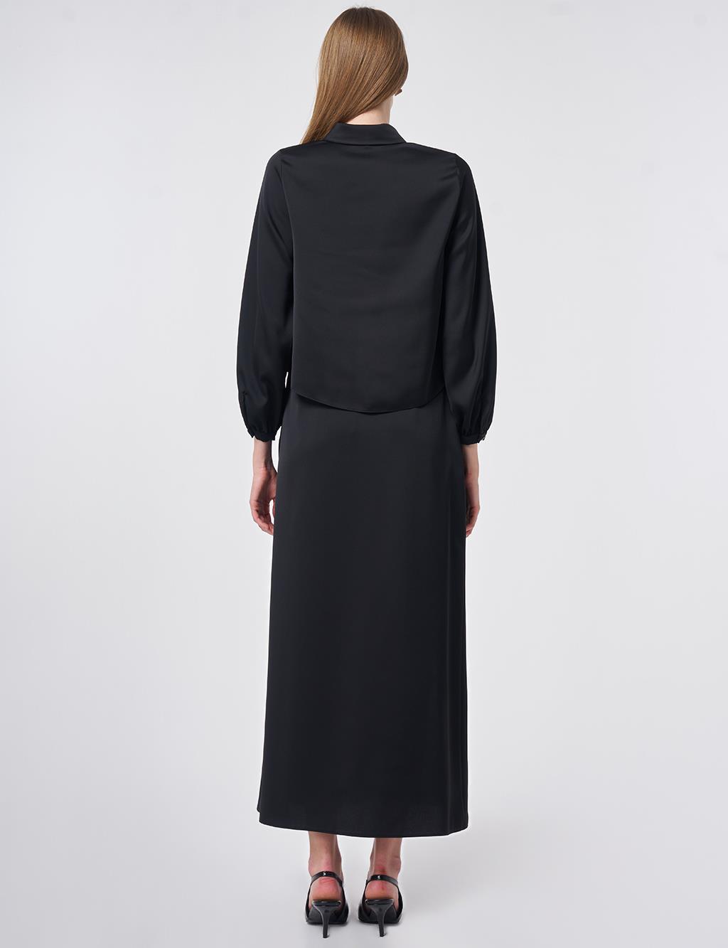 Floral Appliqué Satin Two-Piece Set Black