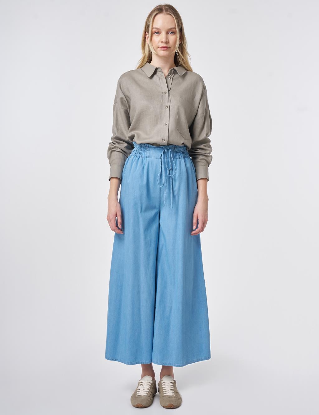 Beli Lastikli Bağcıklı Pantolon Mavi