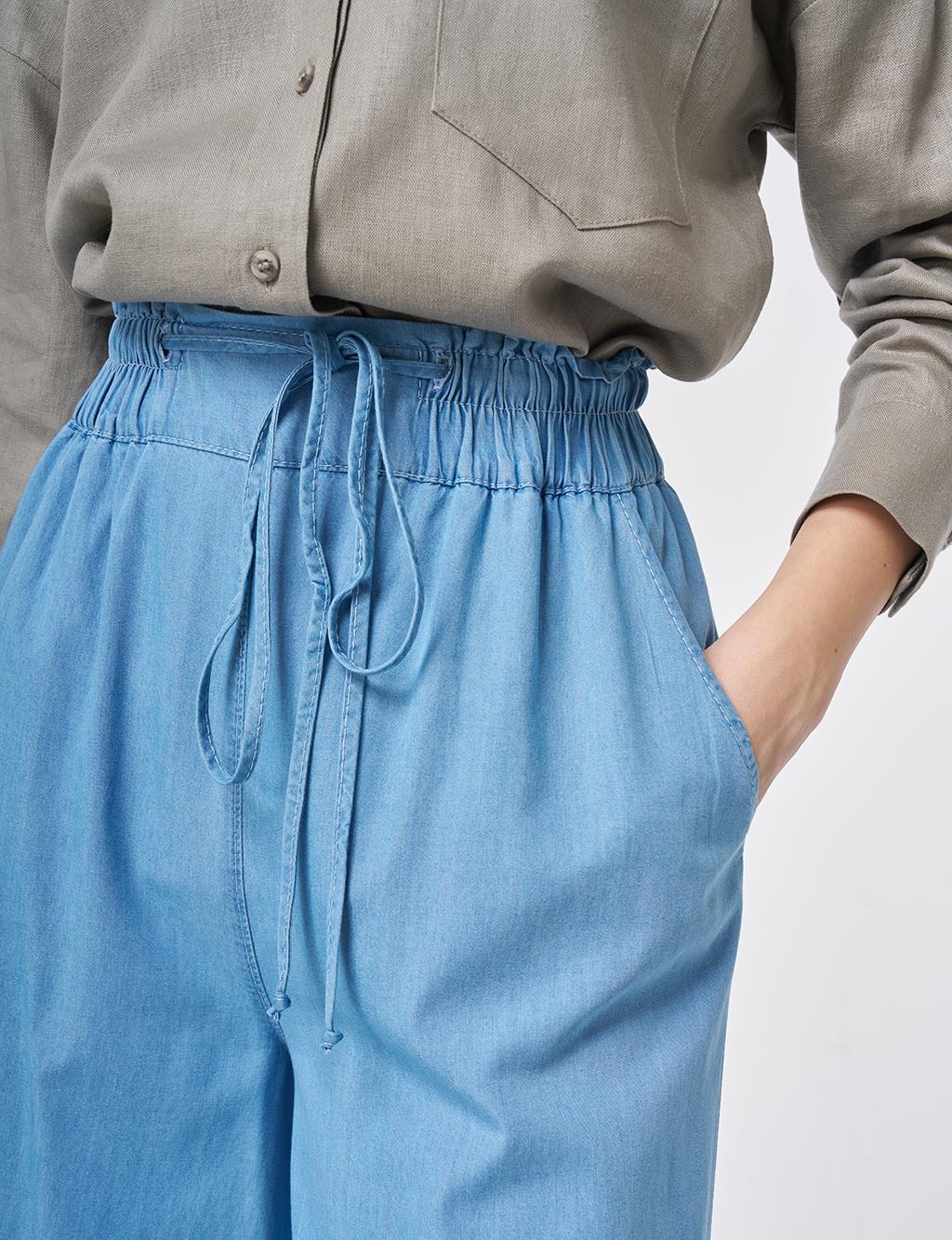 Beli Lastikli Bağcıklı Pantolon Mavi