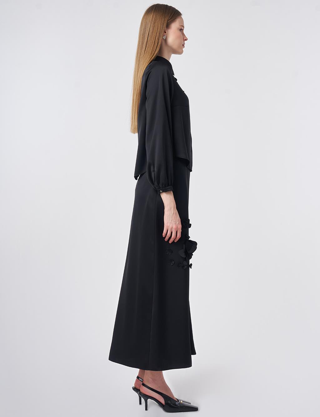 Floral Appliqué Satin Two-Piece Set Black
