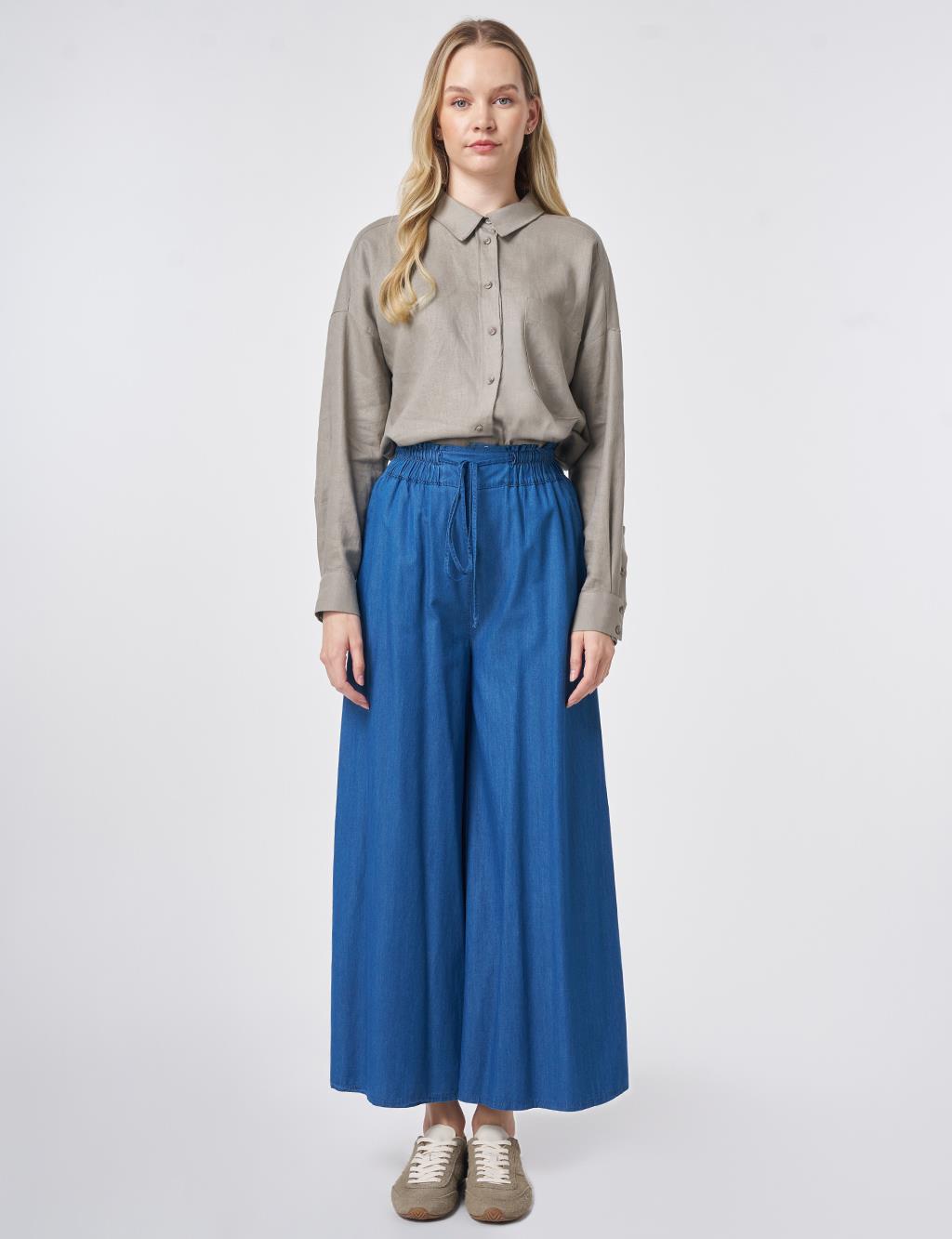 Beli Lastikli Bağcıklı Pantolon İndigo