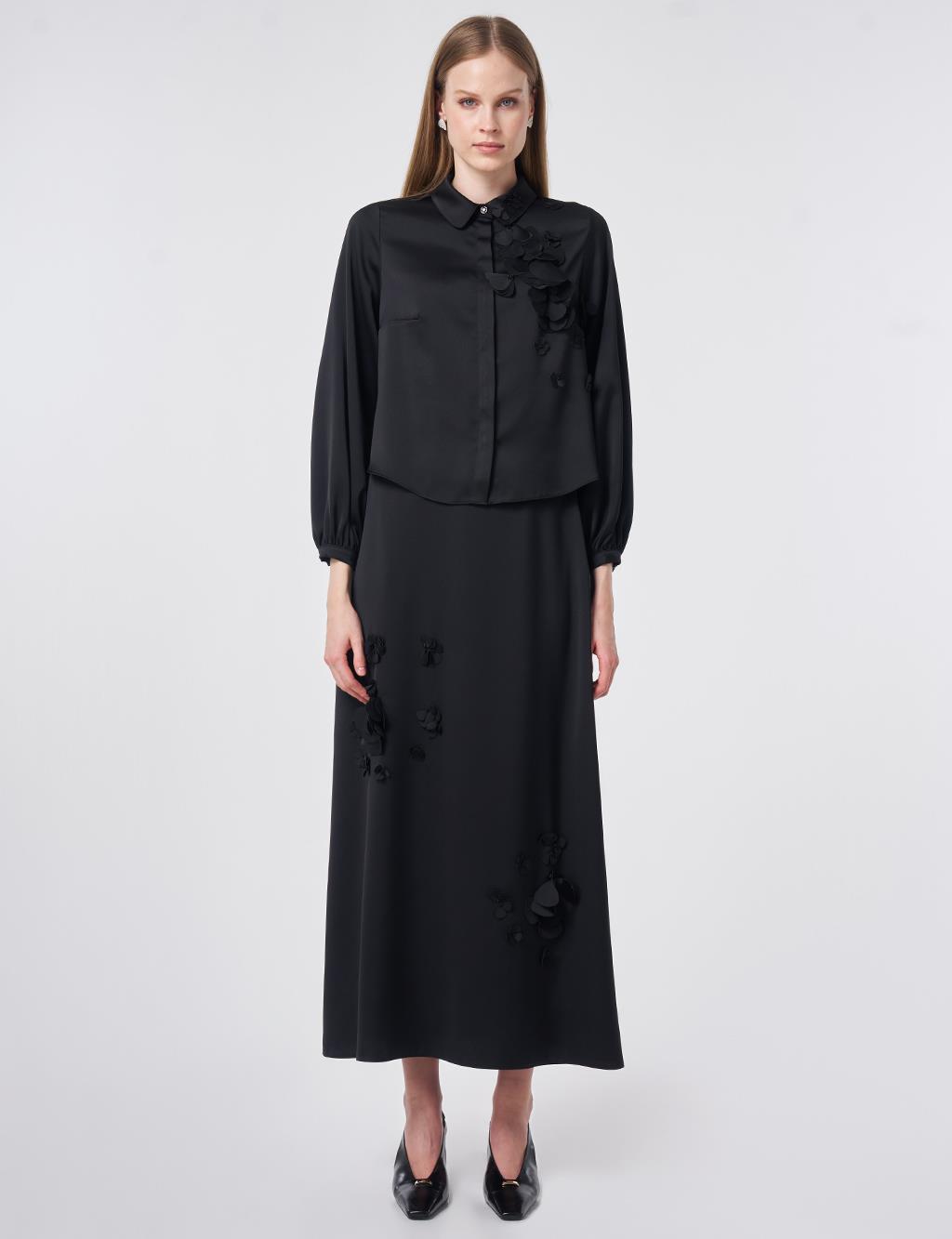 Floral Appliqué Satin Two-Piece Set Black