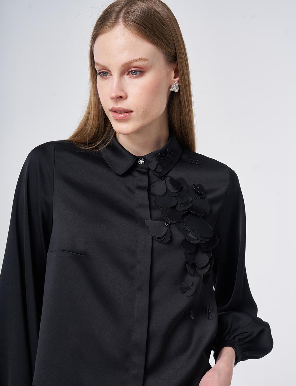 Floral Appliqué Satin Two-Piece Set Black