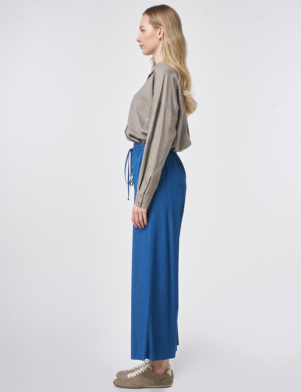 Beli Lastikli Bağcıklı Pantolon İndigo