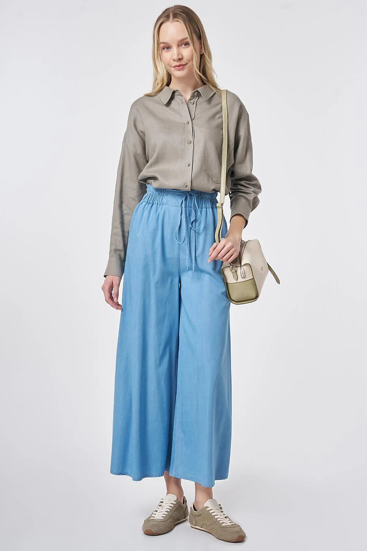 Elastic Waist Drawstring Pants Blue