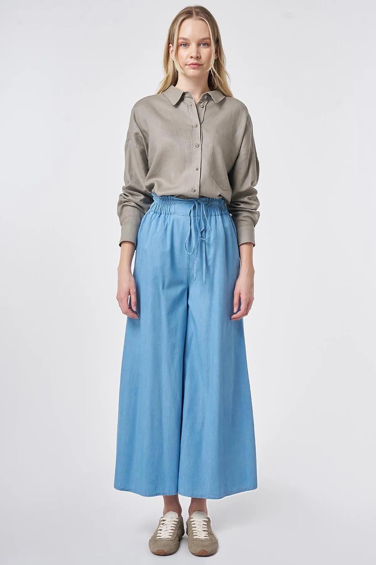 Elastic Waist Drawstring Pants Blue