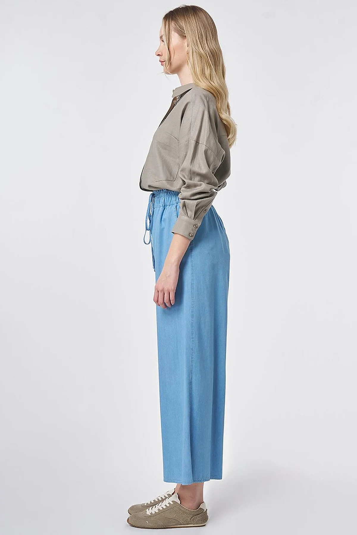 Elastic Waist Drawstring Pants Blue