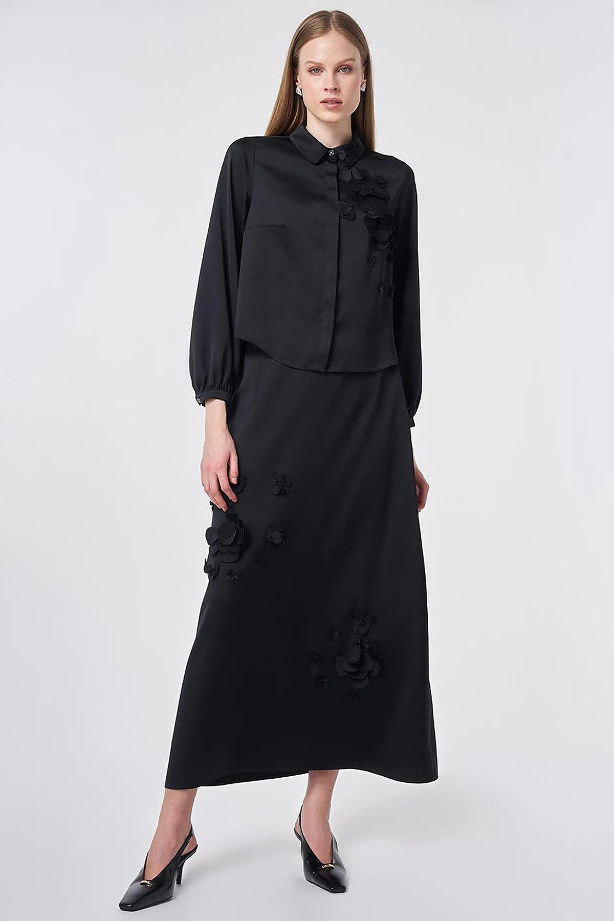 Floral Appliqué Satin Two-Piece Set Black