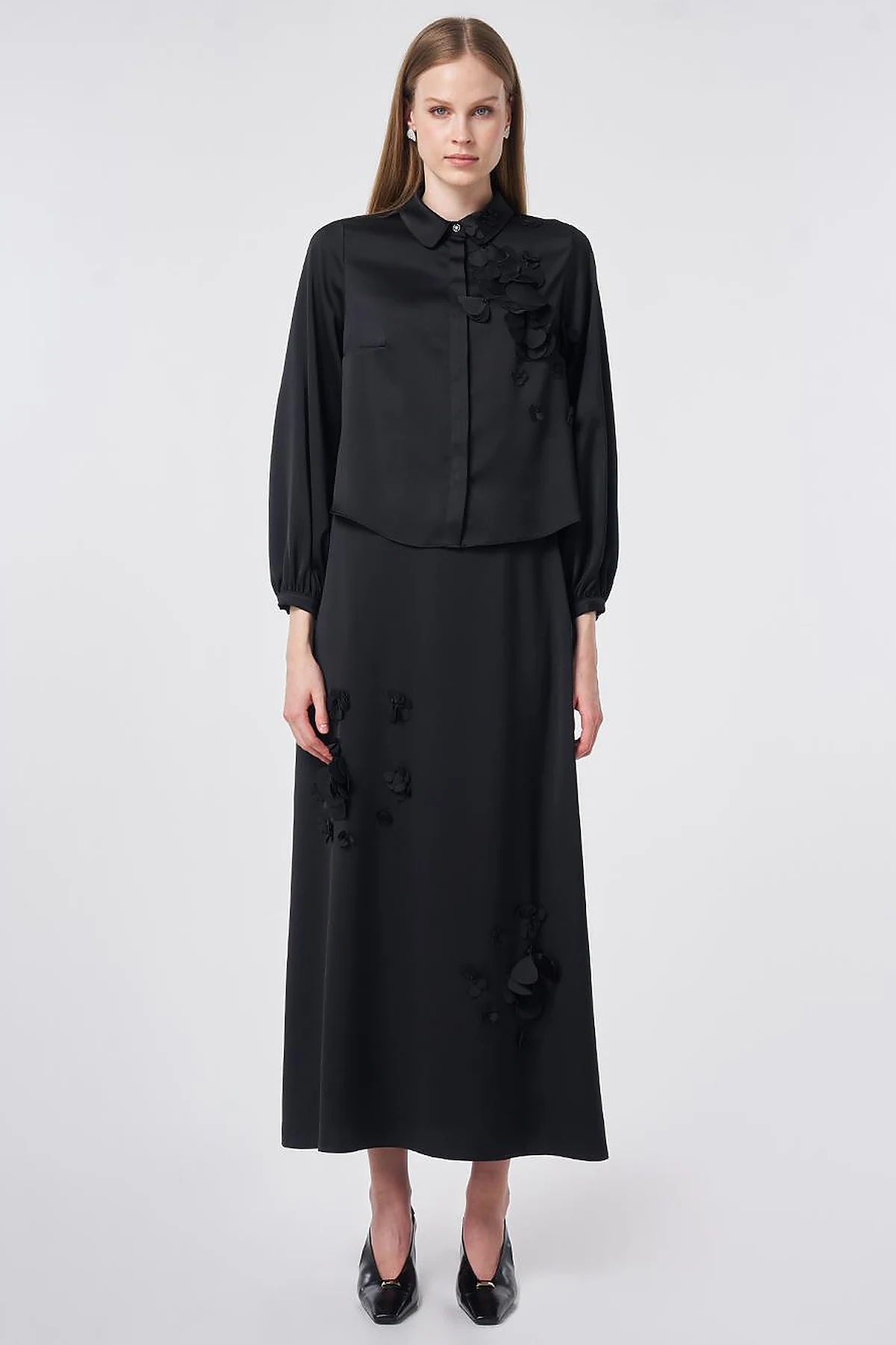 Floral Appliqué Satin Two-Piece Set Black
