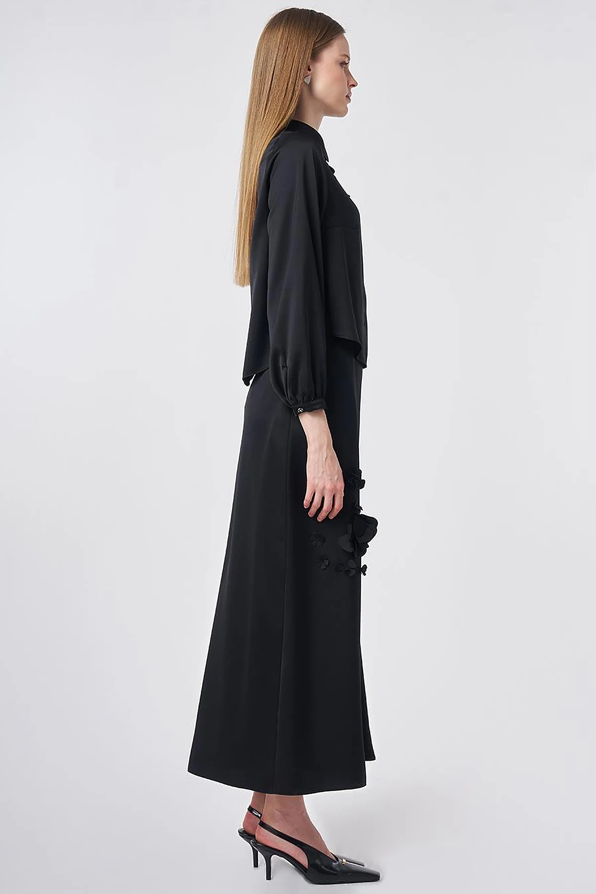 Floral Appliqué Satin Two-Piece Set Black