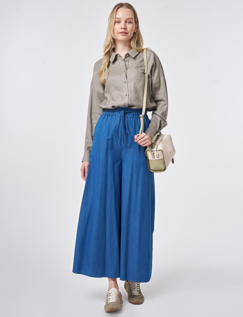 Beli Lastikli Bağcıklı Pantolon İndigo