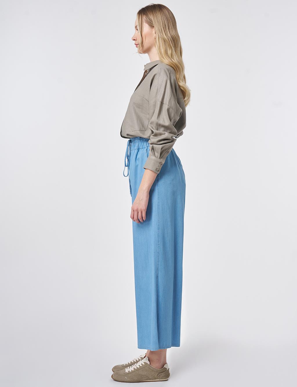 Beli Lastikli Bağcıklı Pantolon Mavi