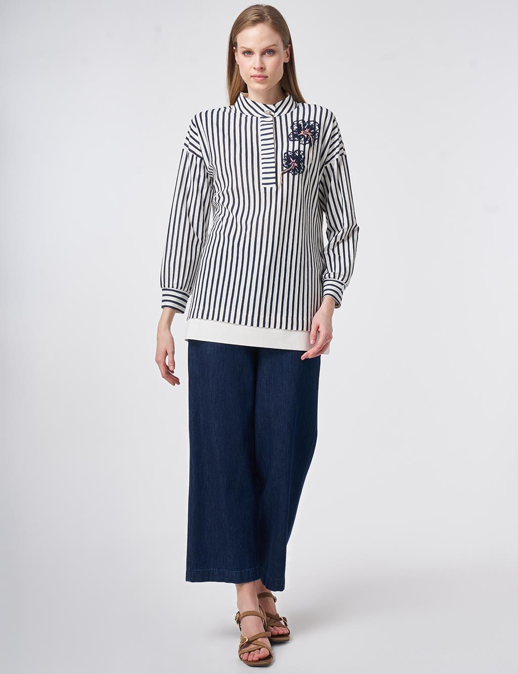 High Neck Cotton Blouse with Glossy Buttons Dark Navy