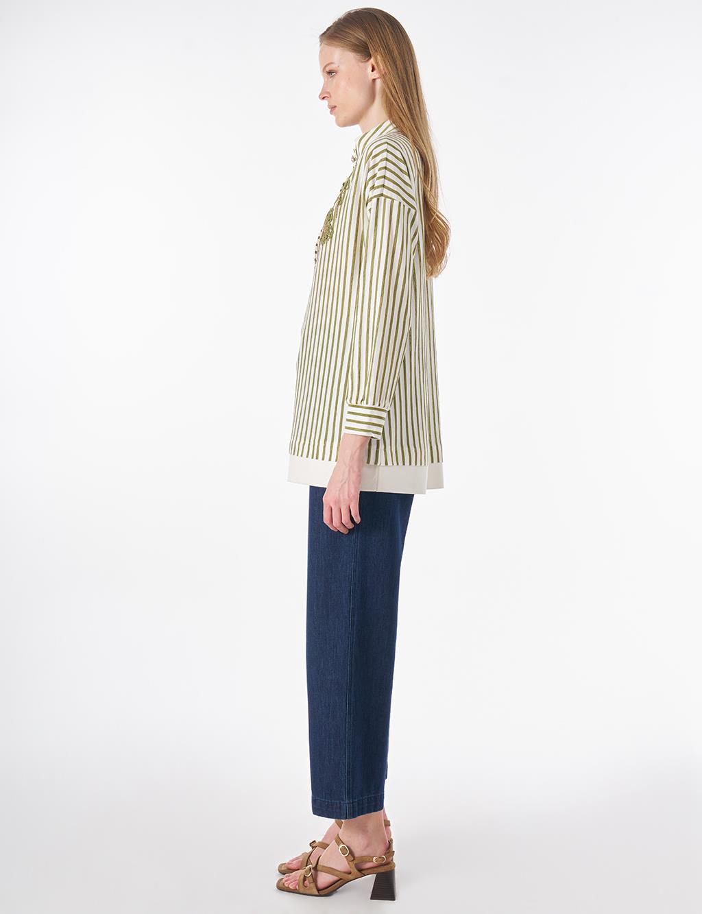 High Neck Cotton Blouse with Glossy Buttons Matcha Green