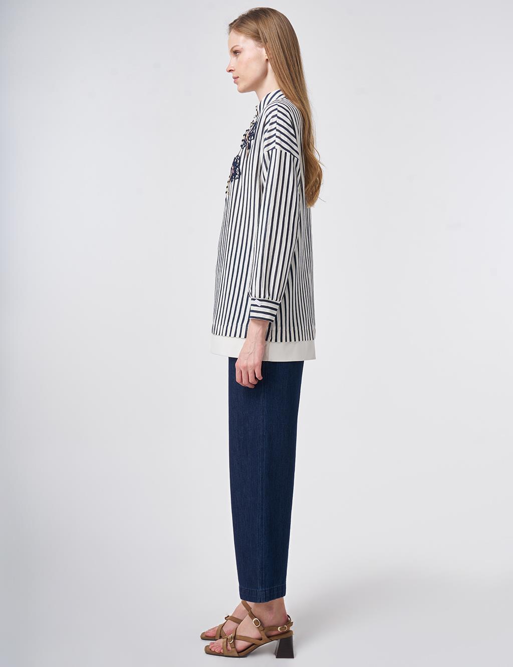 High Neck Cotton Blouse with Glossy Buttons Dark Navy