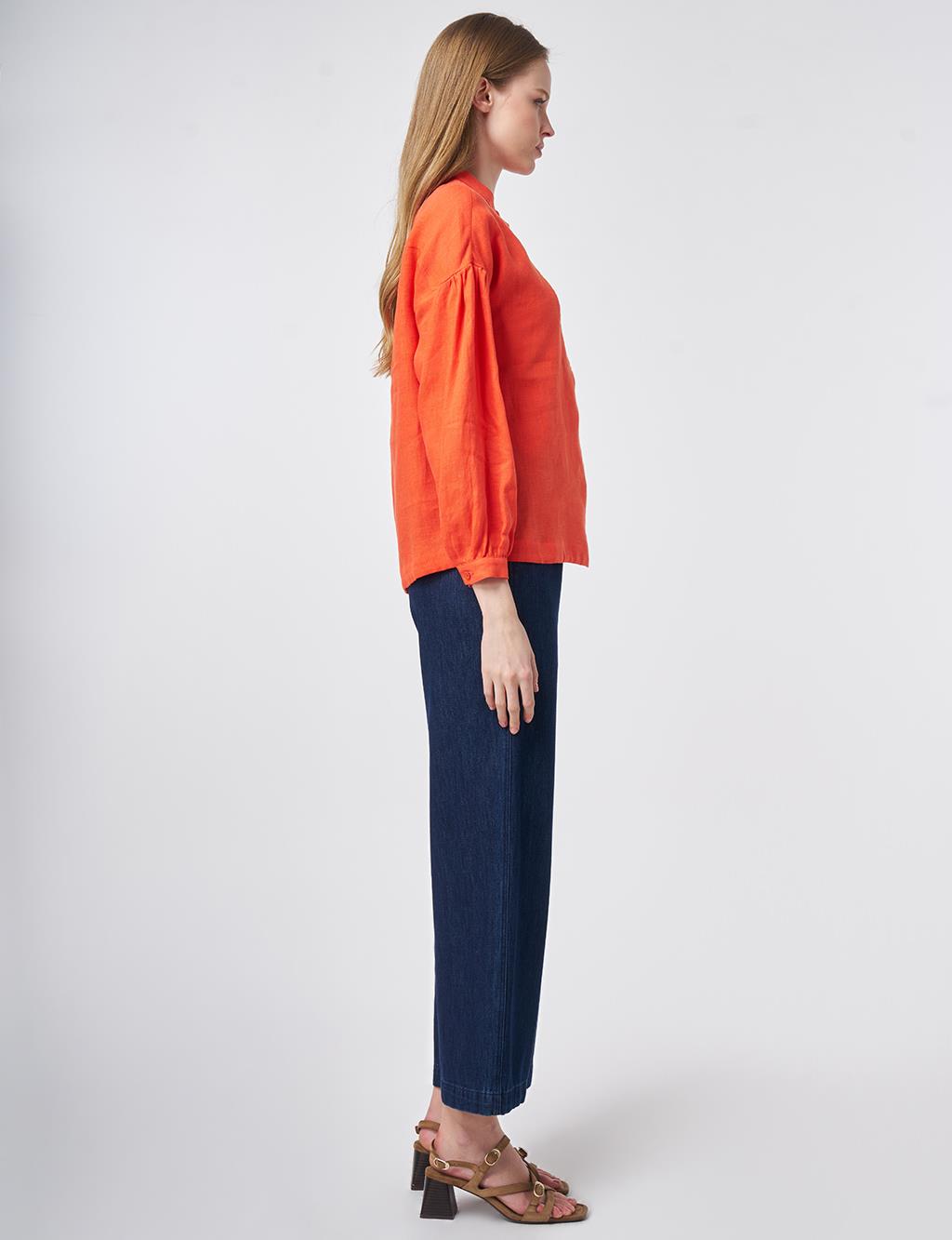 100% Linen Stitch Detailed Blouse Coral