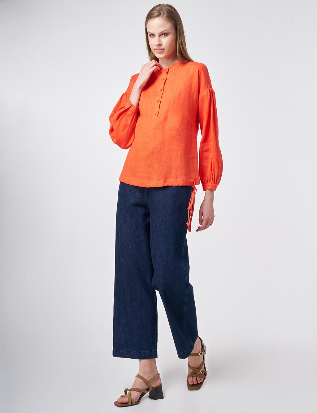 100% Linen Stitch Detailed Blouse Coral