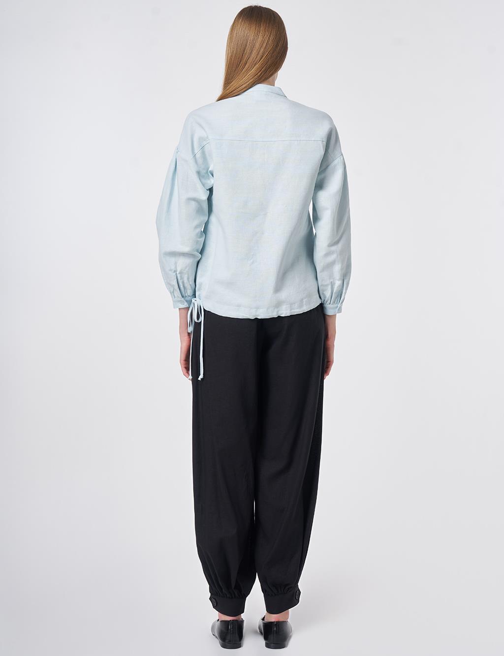 Stitch Detail Linen-Cotton Blouse Blue