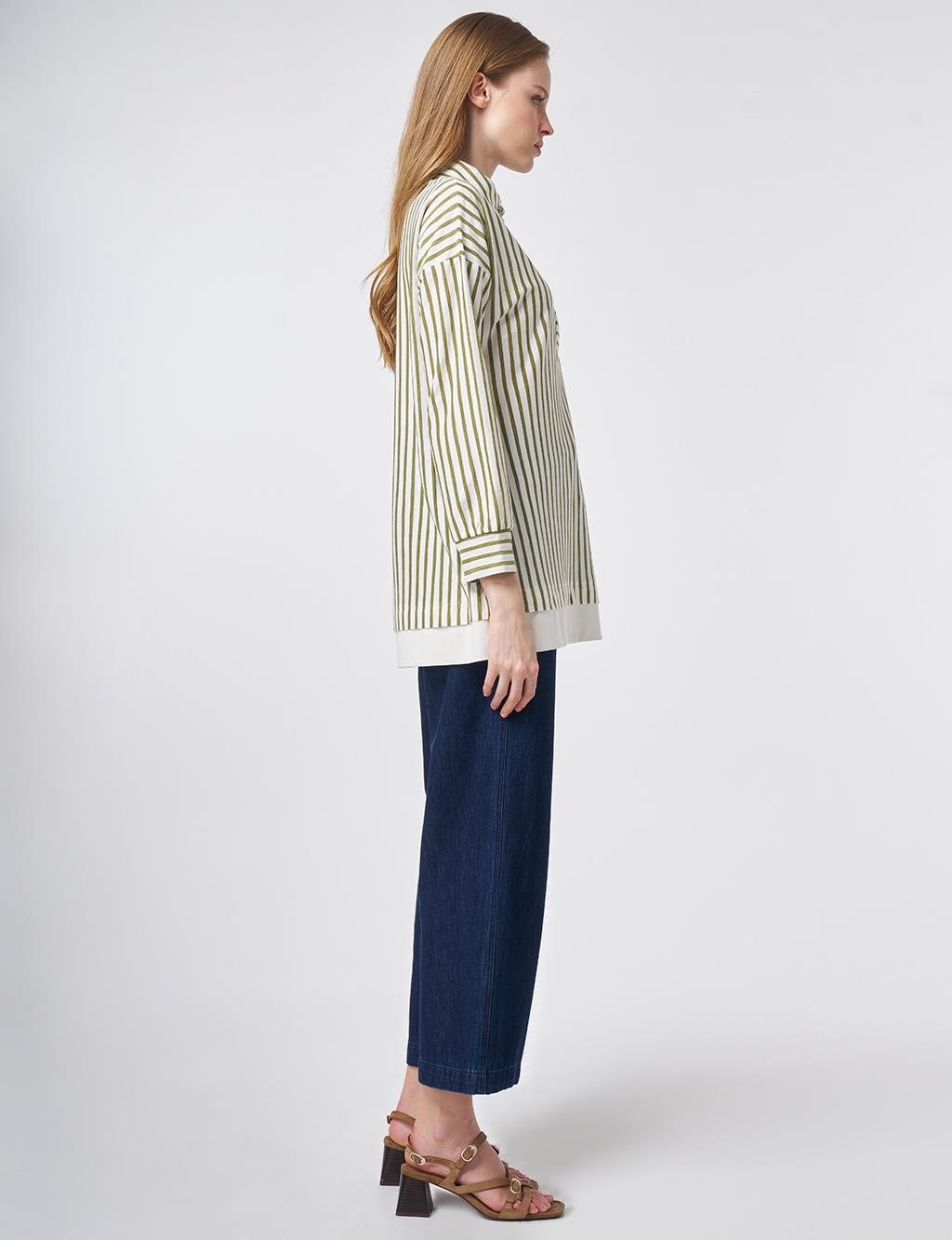 High Neck Cotton Blouse with Glossy Buttons Matcha Green