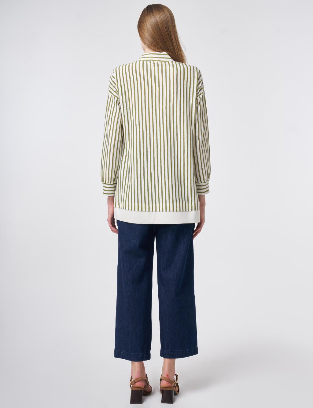 High Neck Cotton Blouse with Glossy Buttons Matcha Green