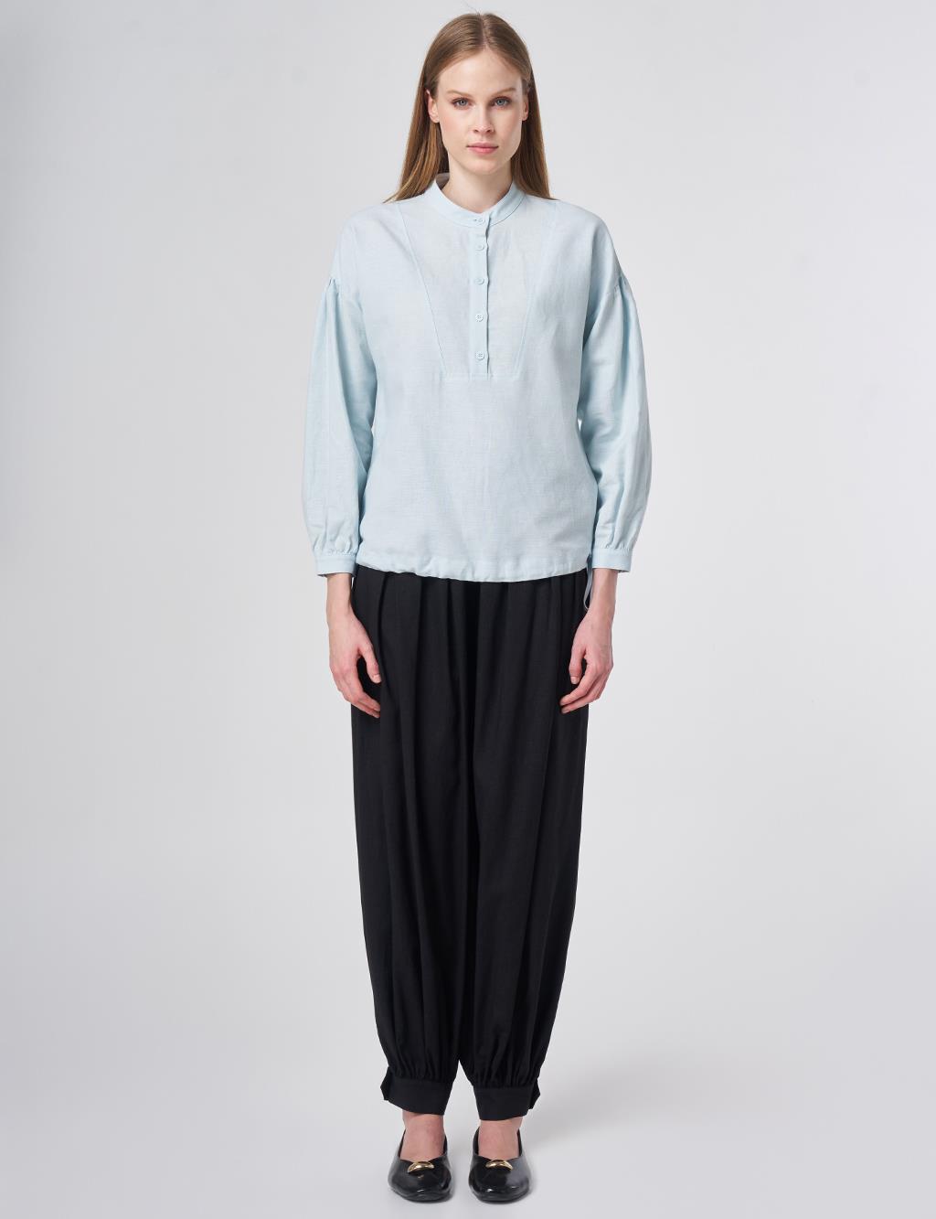 Stitch Detail Linen-Cotton Blouse Blue