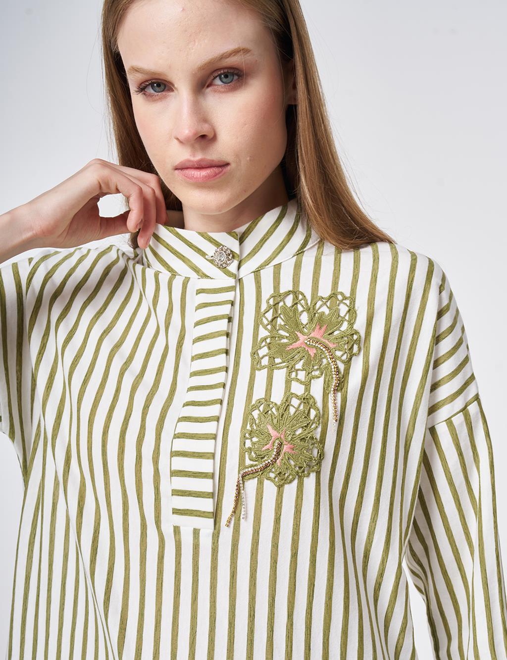 High Neck Cotton Blouse with Glossy Buttons Matcha Green