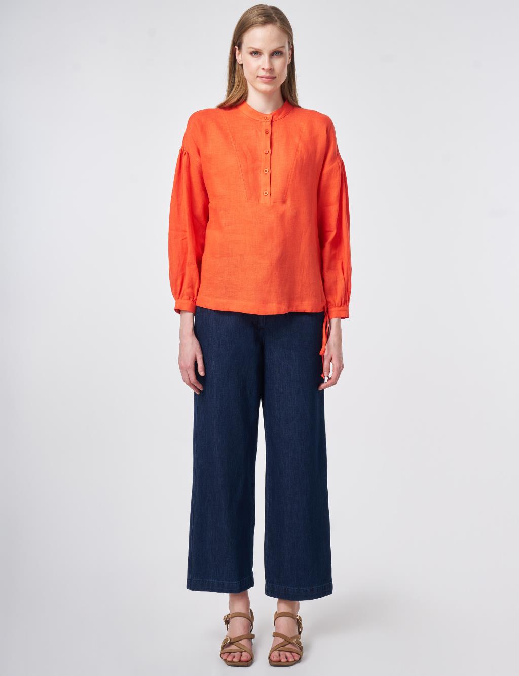 100% Linen Stitch Detailed Blouse Coral