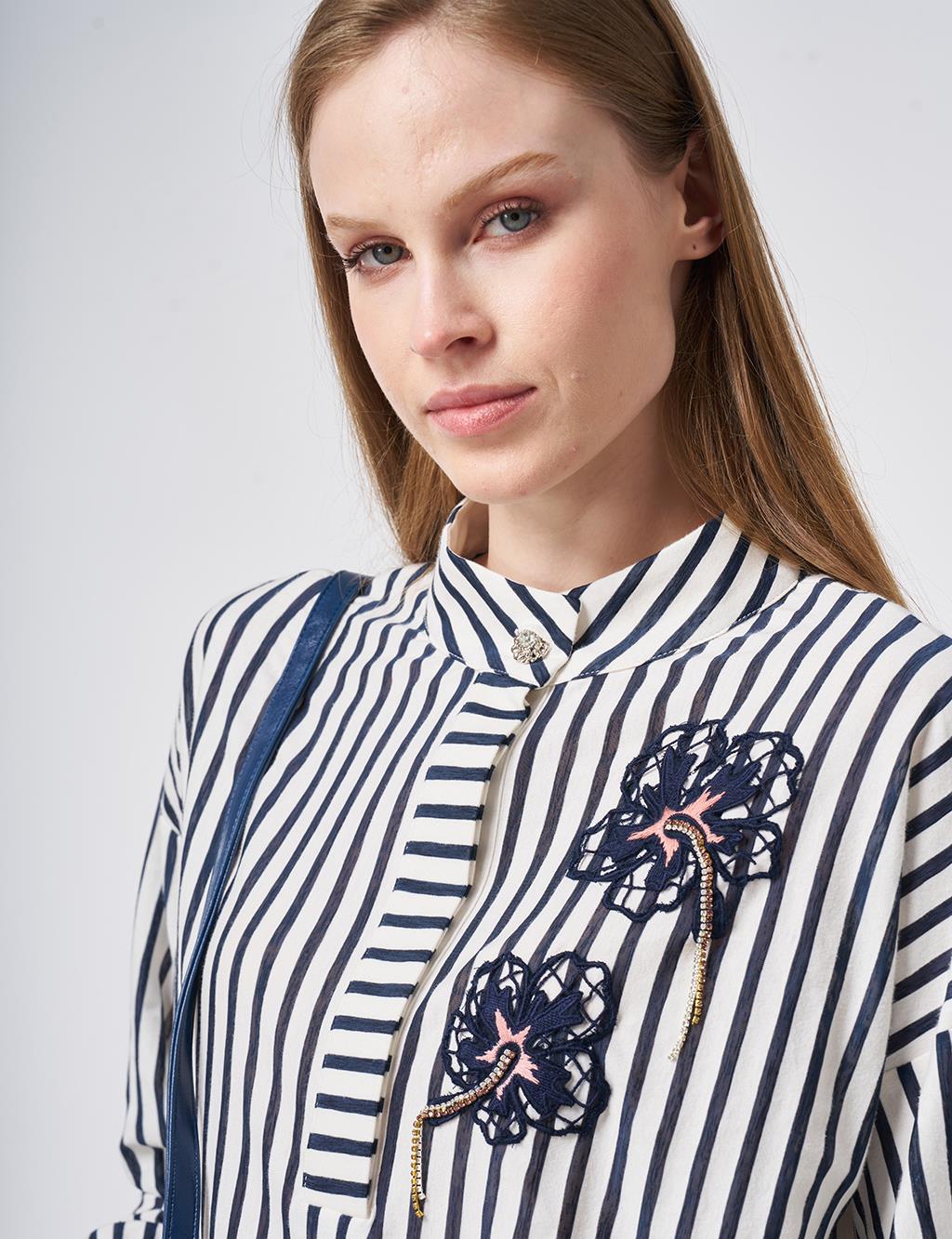 High Neck Cotton Blouse with Glossy Buttons Dark Navy