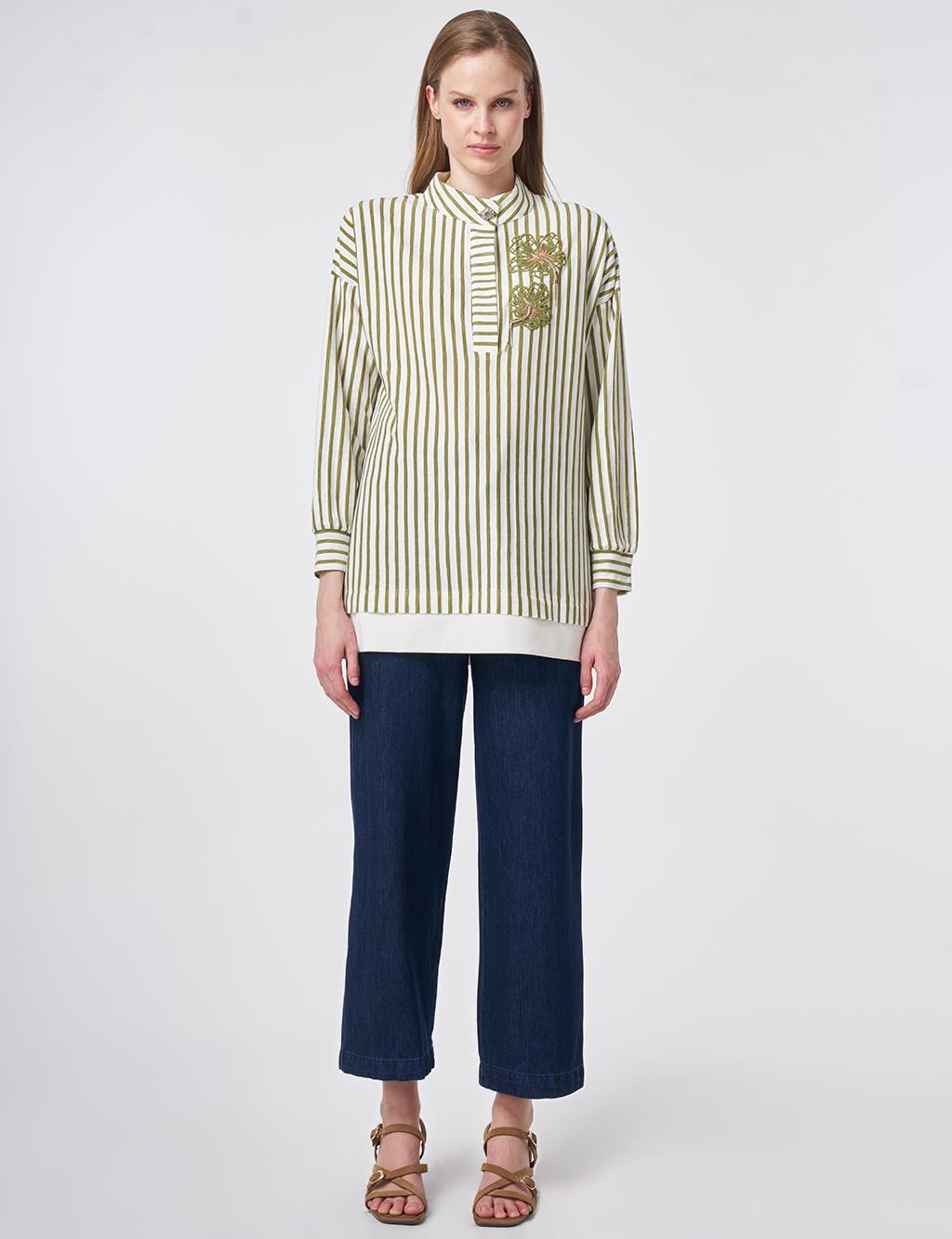 High Neck Cotton Blouse with Glossy Buttons Matcha Green