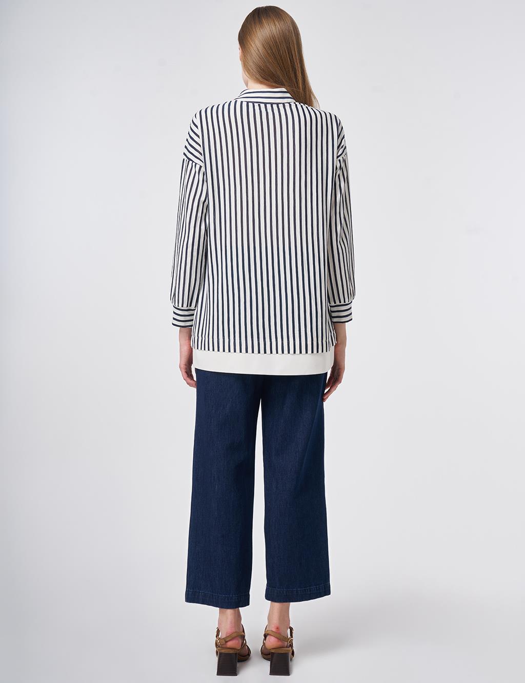 High Neck Cotton Blouse with Glossy Buttons Dark Navy