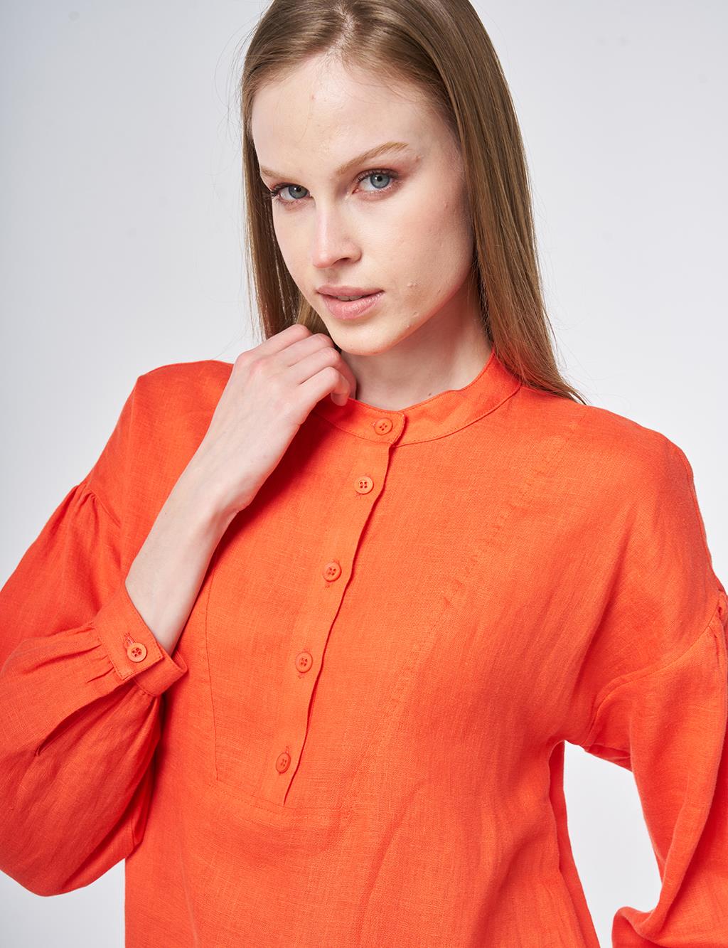 100% Linen Stitch Detailed Blouse Coral