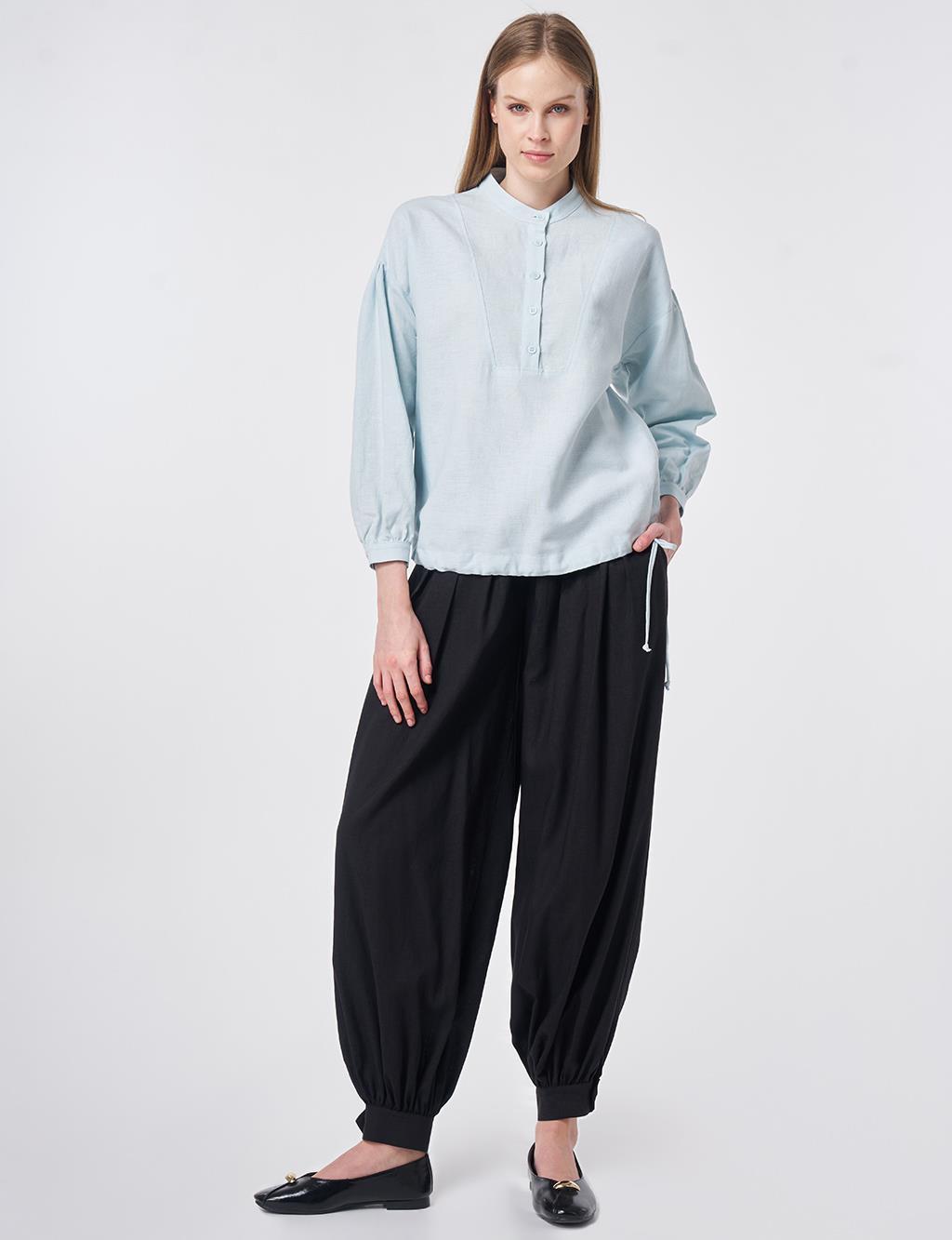 Stitch Detail Linen-Cotton Blouse Blue